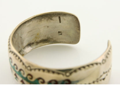 Men Navajo Bracelet 925 Silver Inlaid Coral & Turquoise Artist Signed LB C.80's