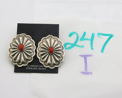 Navajo Earrings 925 Silver Natural Coral Native American Artist C.80's