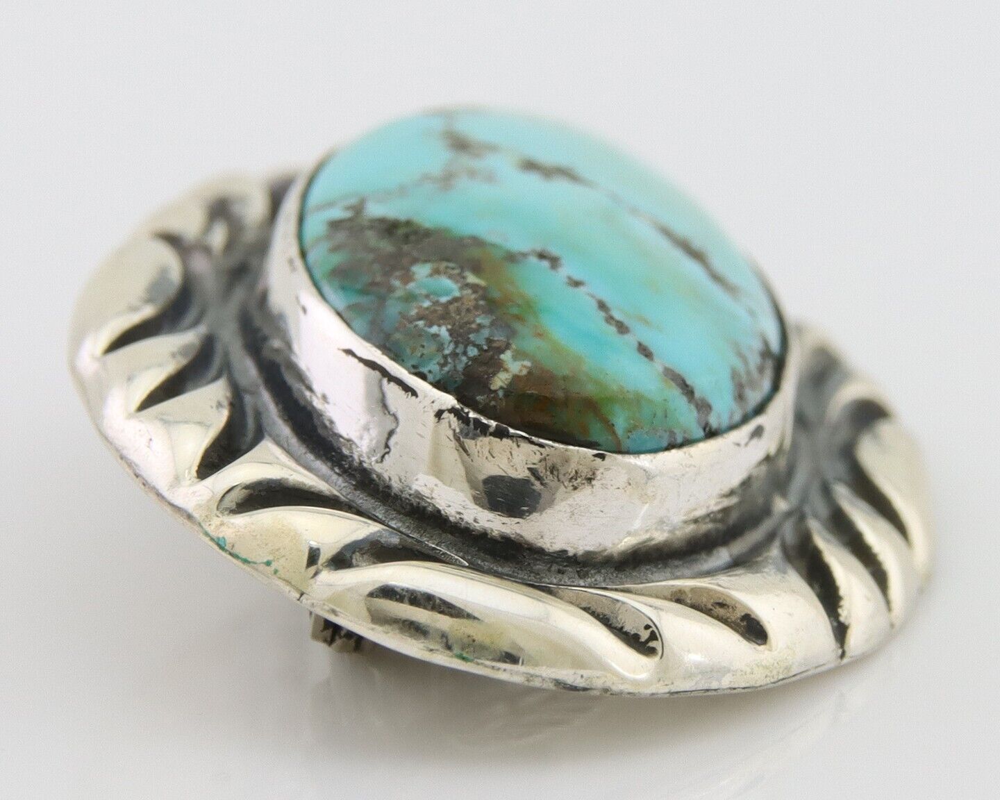 Navajo Pin 925 Silver Natural Mined Turquoise Artist Signed C Montoya C.80's