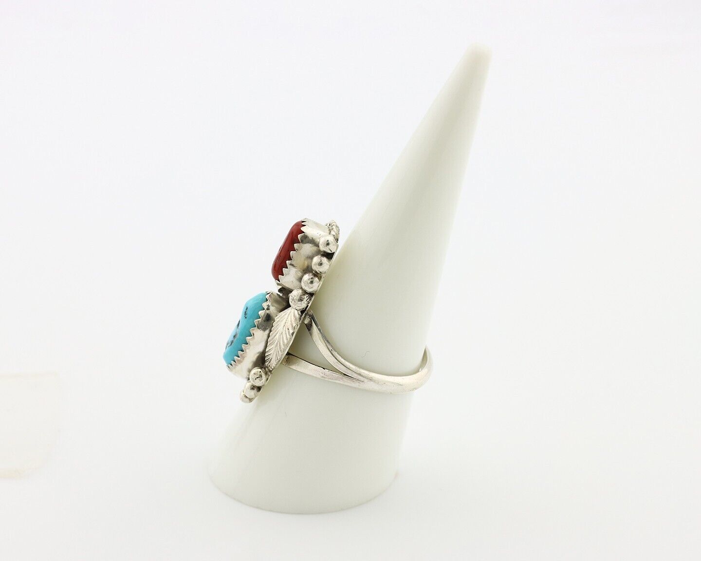 Navajo Ring .925 Silver Turquoise & Coral Artist Signed Justin Morris C.80's