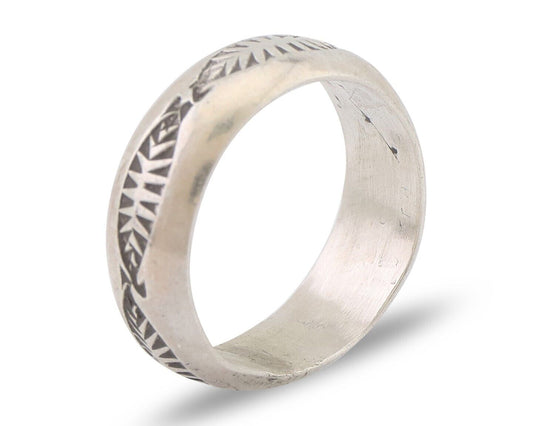 Navajo Hand Stamped Band 925 Silver 6.0 mm Signed Larry Chavez Size 5.0 C.80's