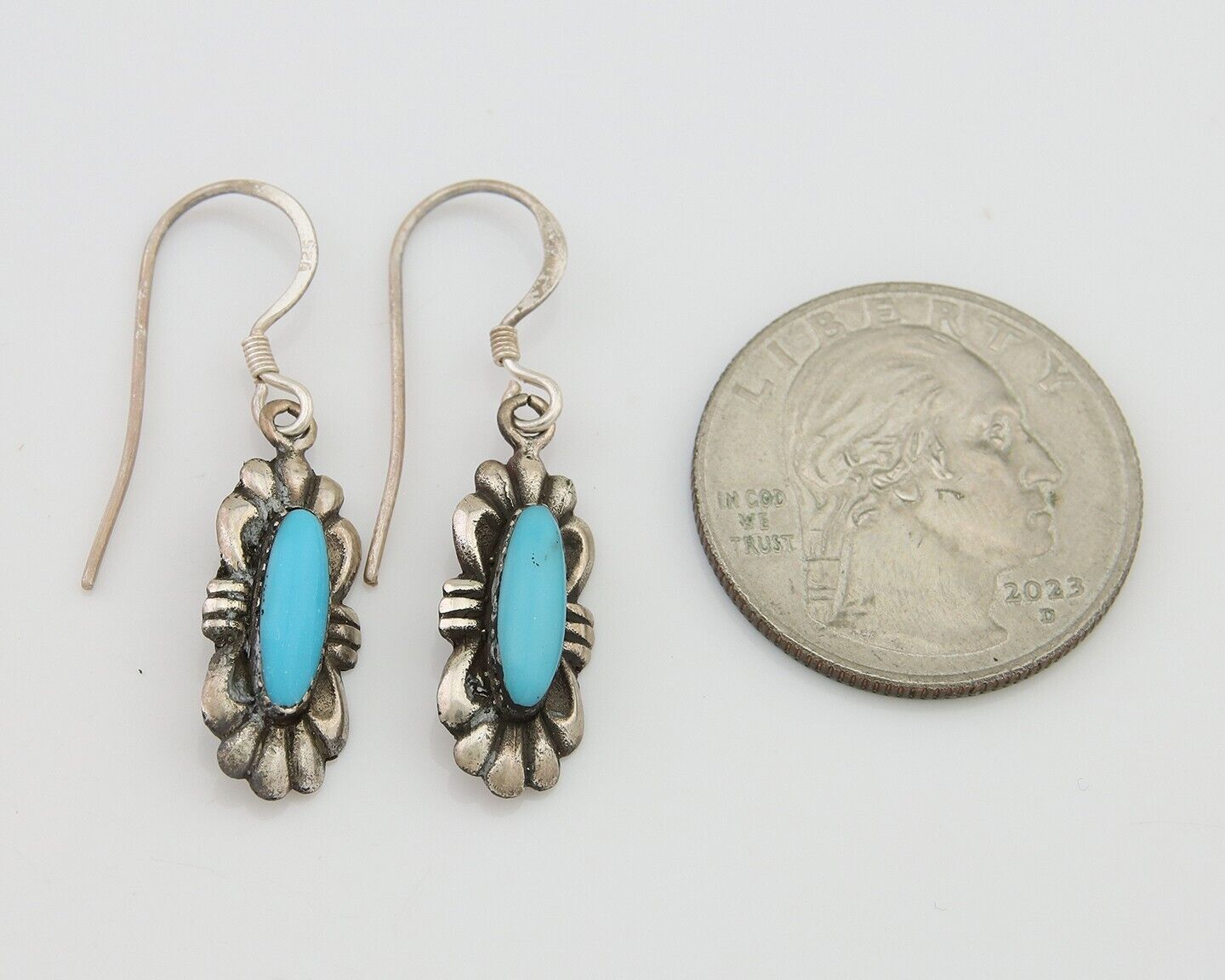 Navajo Hand Stamped Earrings 925 Silver Natural Turquoise Native Artist C.80's