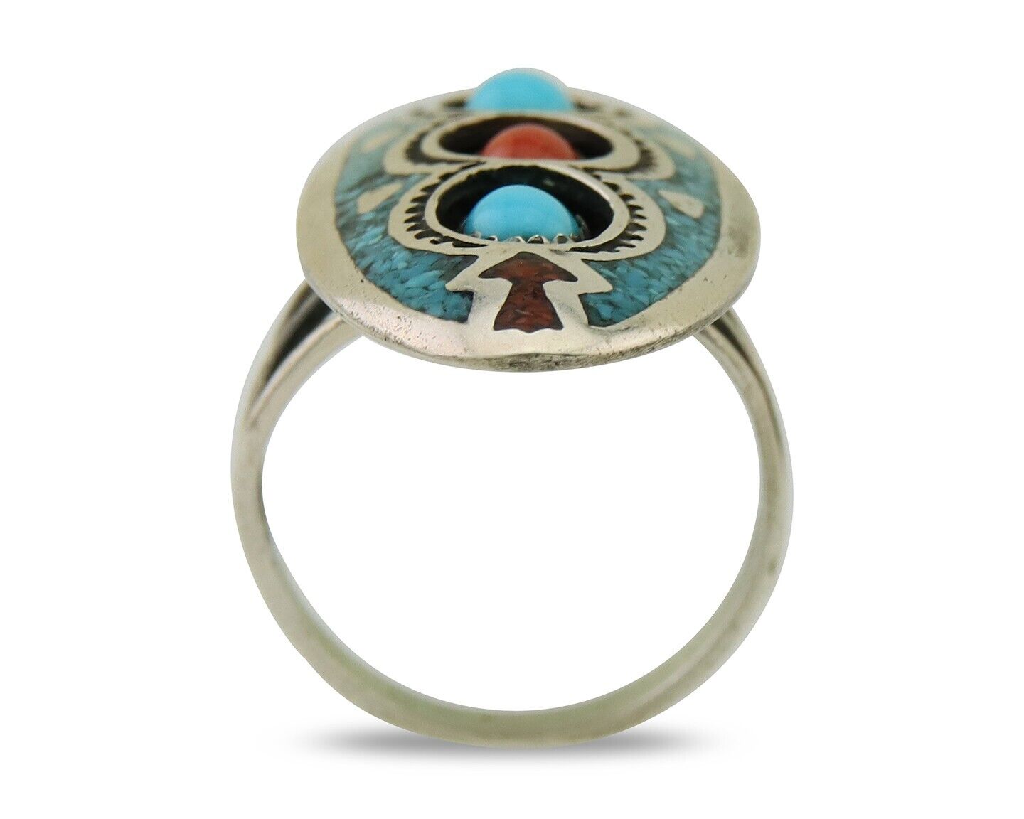 Navajo Handmade Ring 925 Silver Coral & Turquoise Signed Circle JW C.80's