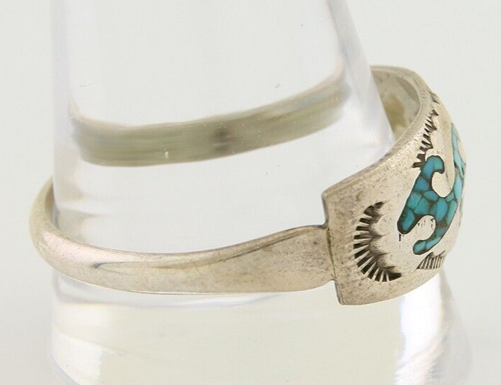 Men Navajo Wave Ring 925 Silver Coral & Turquoise Native Artist C.80's