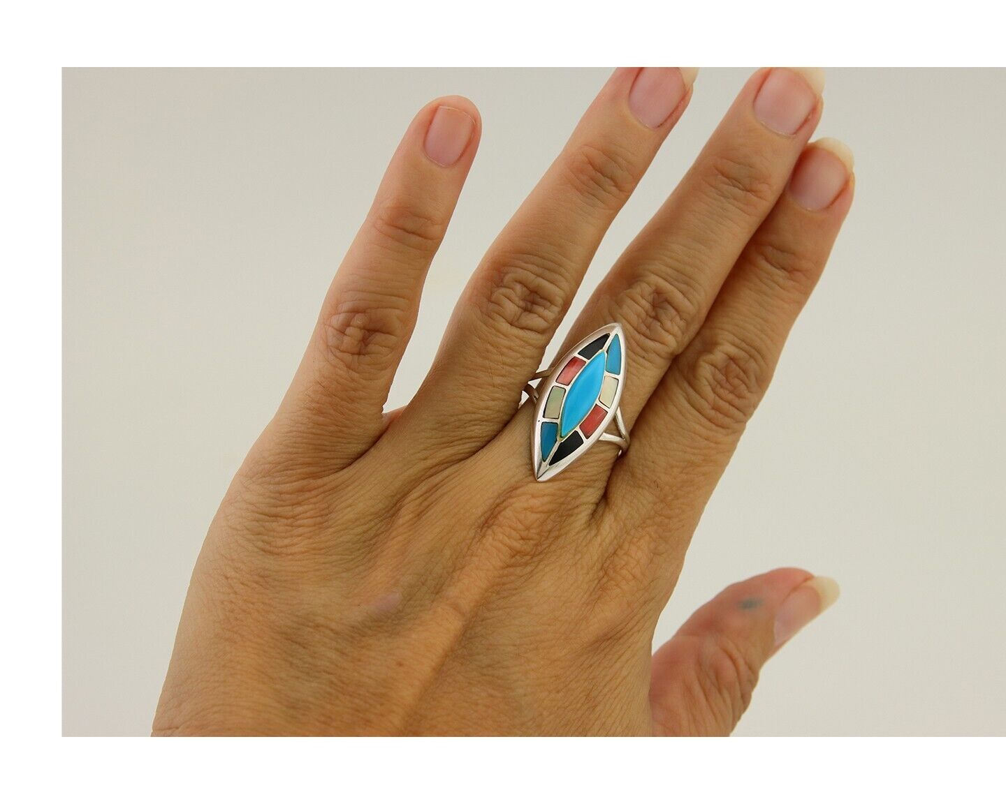 Navajo Ring 925 Silver Turquoise Shell Onyx Spiney Oyster Native Artist C80's