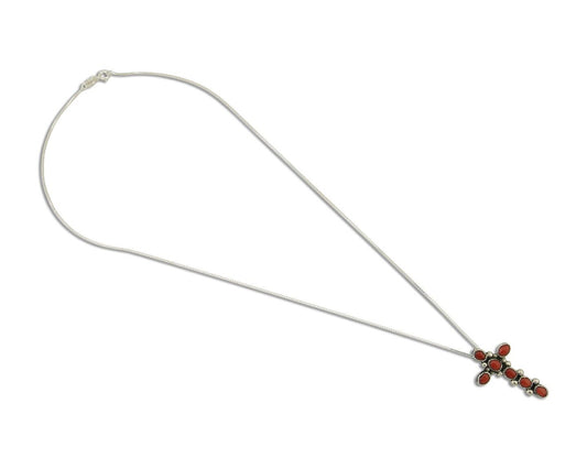 Navajo Cross Necklace 925 Silver Mediterranean Coral Native American Artist C80s