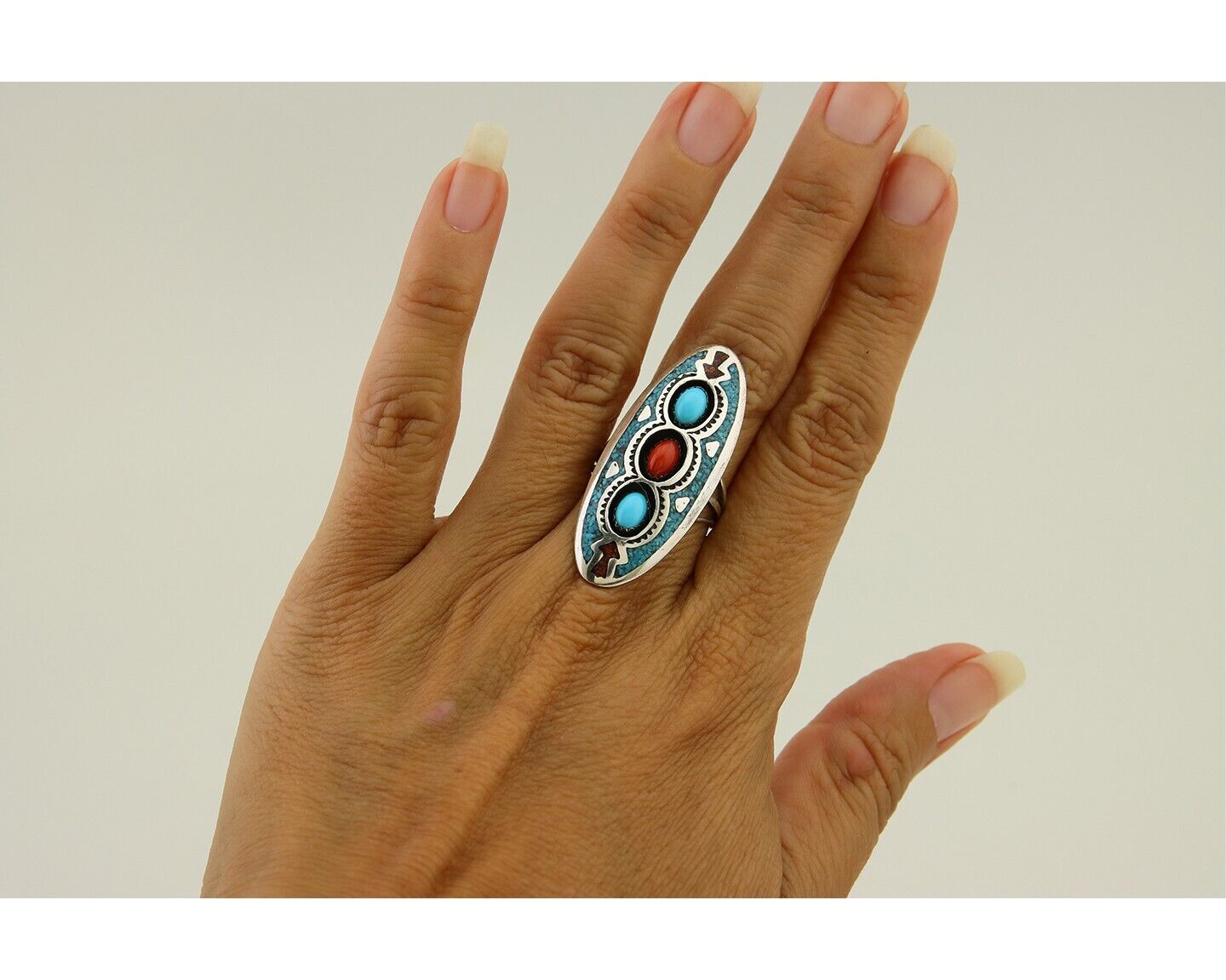 Navajo Handmade Ring 925 Silver Coral & Turquoise Signed Circle JW C.80's