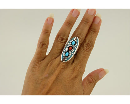 Navajo Handmade Ring 925 Silver Coral & Turquoise Signed Circle JW C.80's