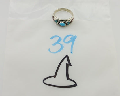 Navajo Ring 925 Silver Turquoise & Coral Natural American Artist C.80's