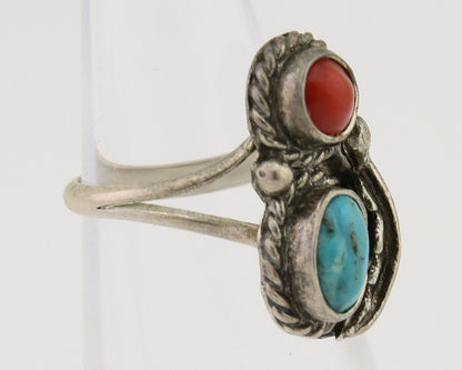 Navajo Handmade Ring 925 Silver Coral & Turquoise Native Artist C.80's