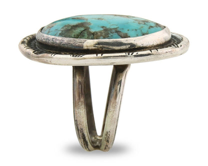Navajo Ring 925 Sterling Natural Mined Turquoise Signed Wild Bear C.80's Size 11