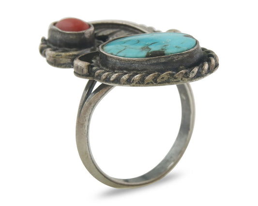 Navajo Ring 925 Sterling Natural Coral & Turquoise Native Artist C.80's Size 7.5