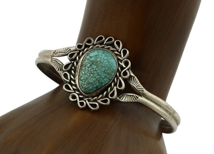 Navajo Bracelet 925 Silver Mine 8 Turquoise Artist Signed L Platero C.80's