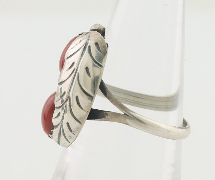 Navajo Handmade Ring 925 Silver Natural Mediterranean Coral Signed 88 C.80's