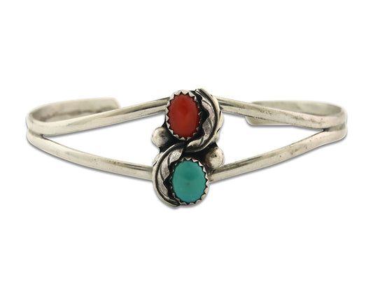 Vintage Navajo Bracelet 925 Silver Natural Red Coral Turquoise Handmade