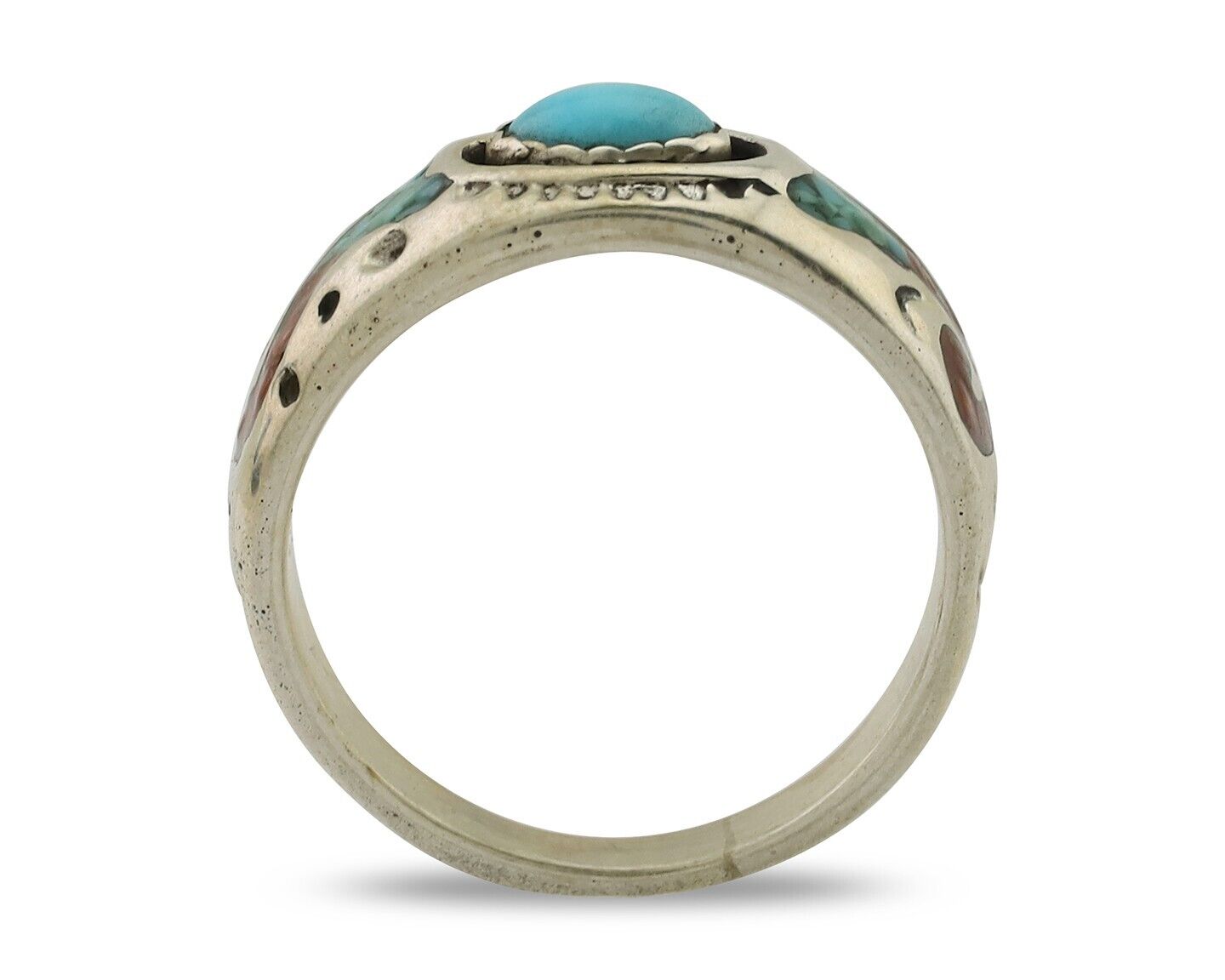 Navajo Ring 925 Silver Turquoise & Coral Natural American Artist C.80's