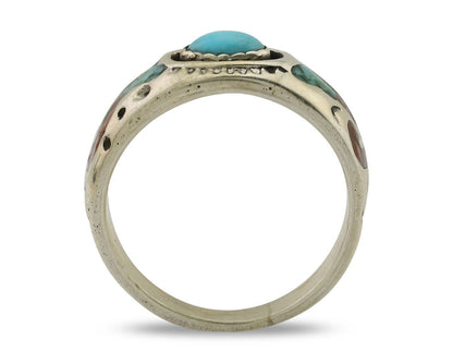 Navajo Ring 925 Silver Turquoise & Coral Natural American Artist C.80's