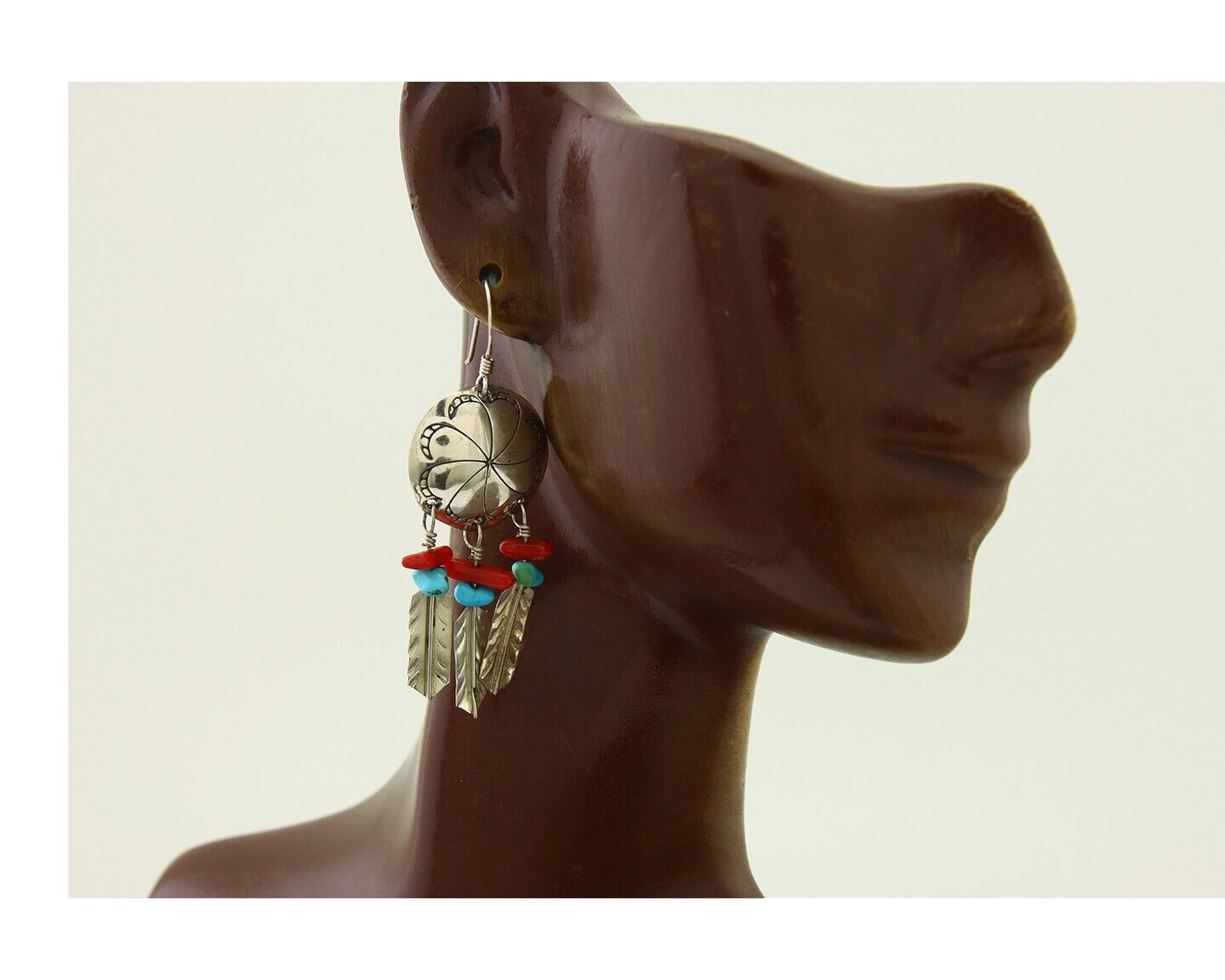 Navajo Earrings 925 Silver Turquoise & Coral Native American Artist C.80's
