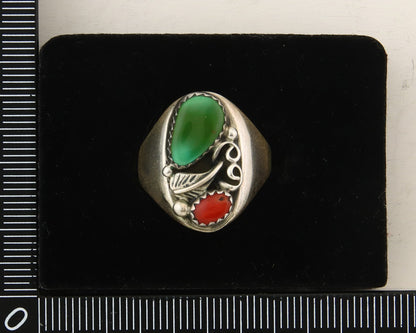 Navajo Ring 925 Sterling Turquoise & Coral Native Artist C.80's Size 7.75