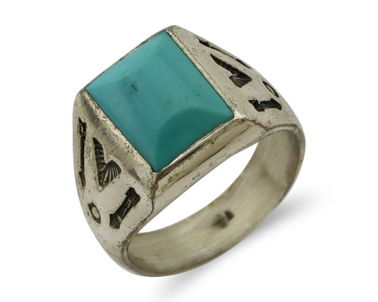 Navajo Ring 925 Silver Kingman Turquoise Signed Sun Bell Silver Company C.80's