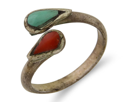 Navajo Handmade Ring 925 Silver Turquoise & Coral Native Artist C.80's