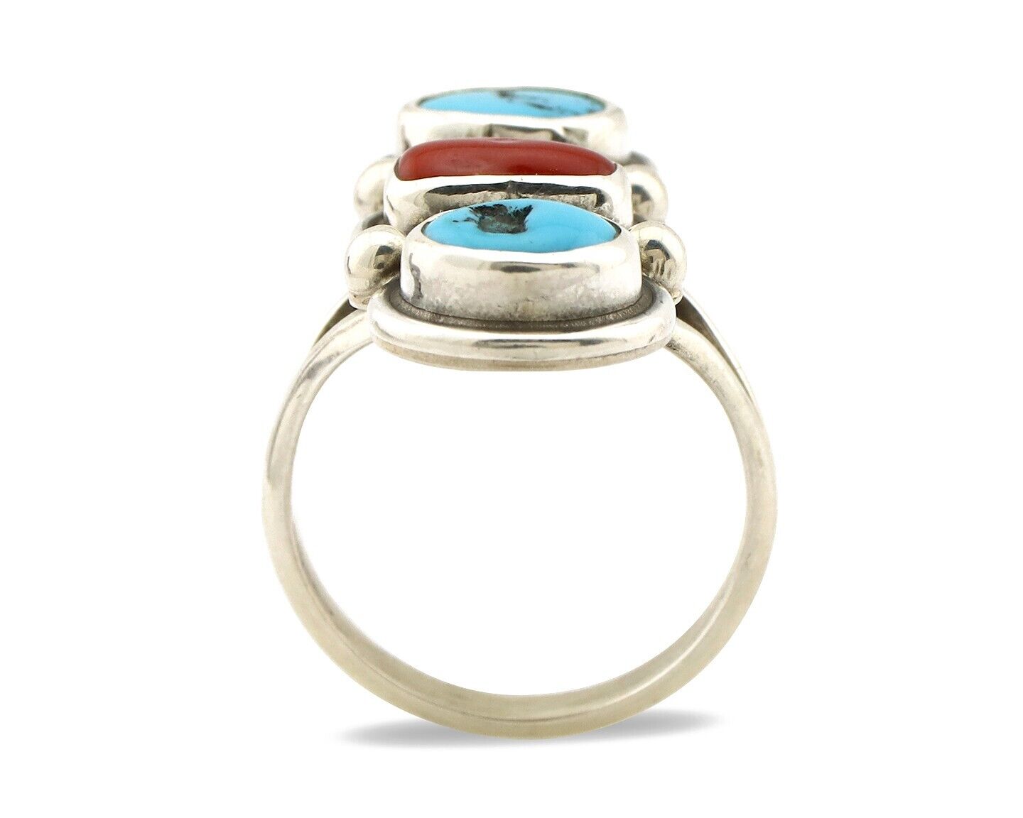 Navajo Ring 925 Silver Sleeping B Turquoise & Coral Native American Artist C.80s