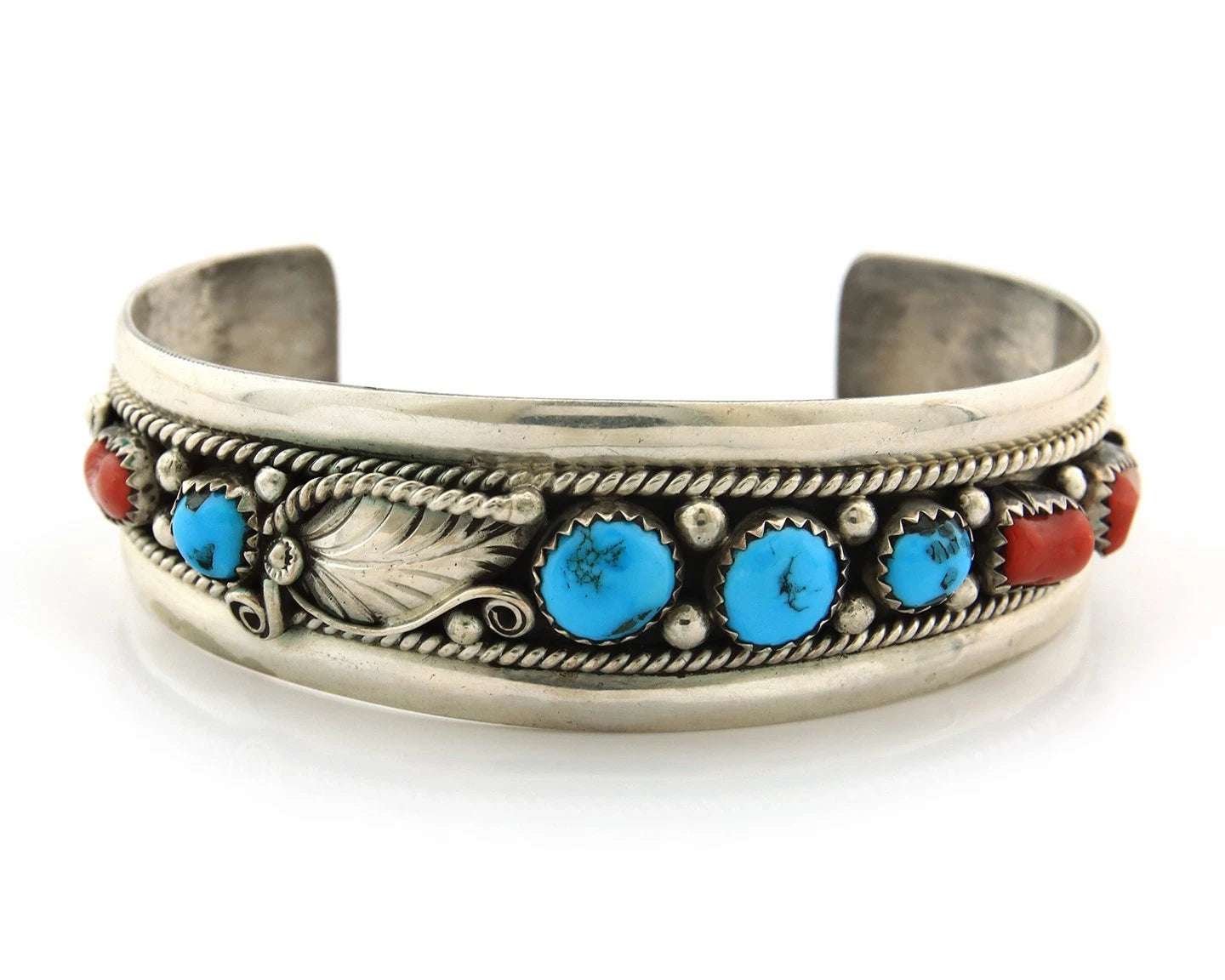 Navajo Cuff Bracelet Sterling Silver Turquoise & Coral Signed Randy Endito