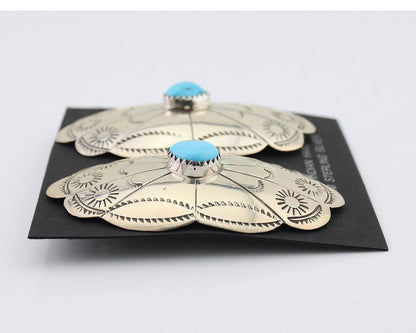 Navajo Hand Stamped Shield Earrings 925 Silver Turquoise Native Artist C.80's