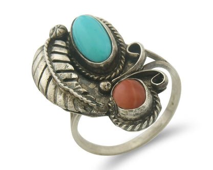 Navajo Ring 925 Sterling Natural Coral & Turquoise Signed EH C.80's Size 7.5