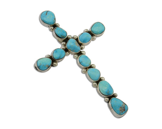 Navajo Cross Handmade Pendant 925 Silver Turquoise Artist Signed Russel Sam C80s