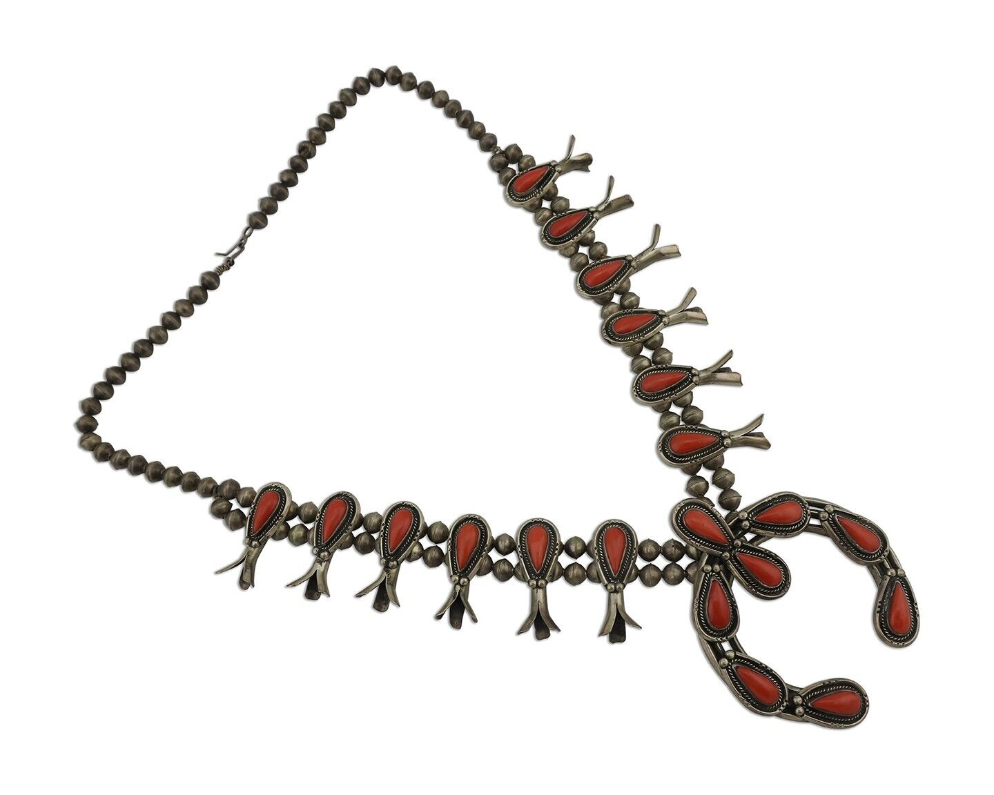 Navajo Coral Squash Necklace 925 Silver Handmade Native American Artist C.80's