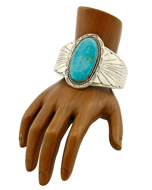 Navajo Stone Cutter Dick Zachary .925 Silver Nat Turquoise Cuff