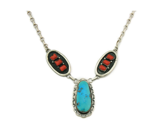 Navajo Necklace 925 Sterling Silver Turquoise & Coral Vintage Artist