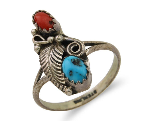 Navajo Handmade Ring 925 Silver Turquoise & Coral Native Artist C.80's