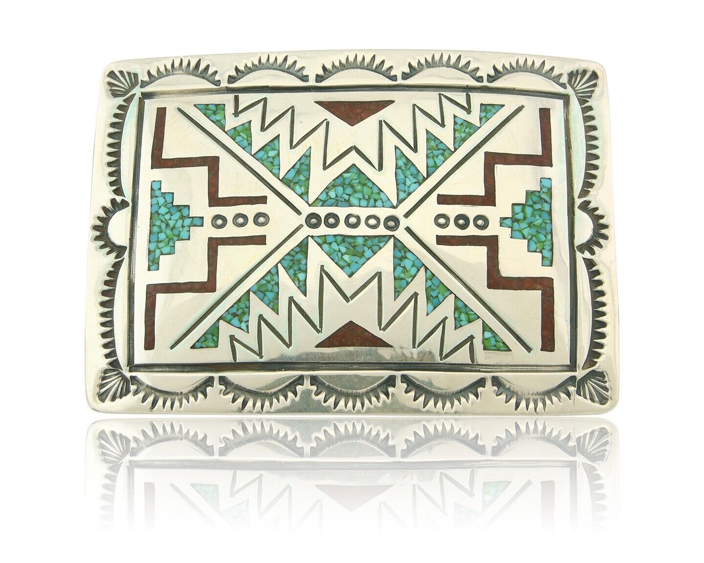 Vintage Navajo Belt Buckle 925 Silver Handmade Inlaid Gemstone Stanely Bain