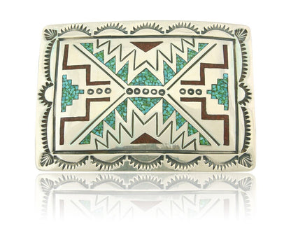 Vintage Navajo Belt Buckle 925 Silver Handmade Inlaid Gemstone Stanely Bain