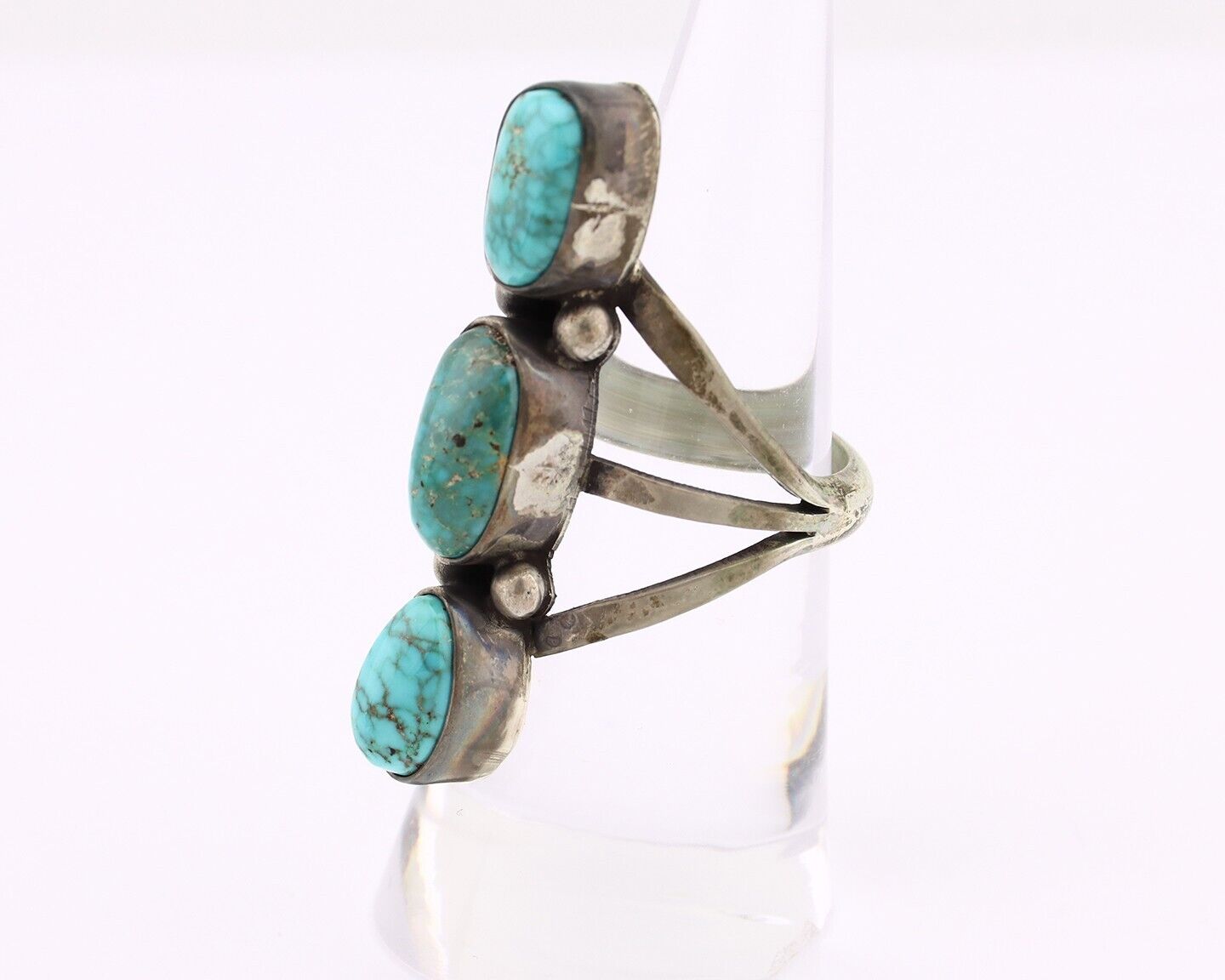 Navajo 3 Stone Ring 925 Silver Morenci Turquoise Native American Artist C.80's
