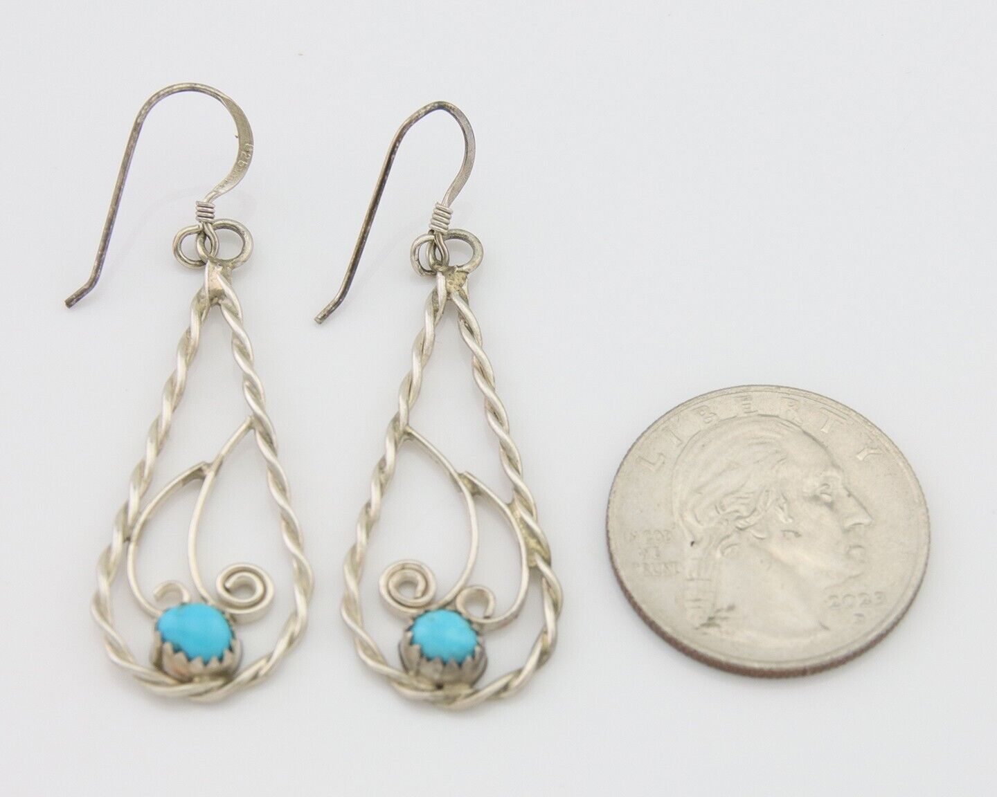 Navajo Dangle Earrings 925 Silver Natural Turquoise Artist Signed JB C.80's