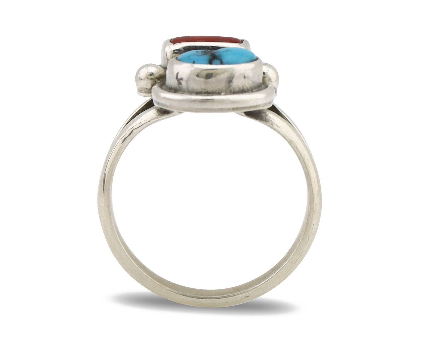 Navajo Ring 925 Silver SB Turquoise & Red Coral Native American Artist C.80s