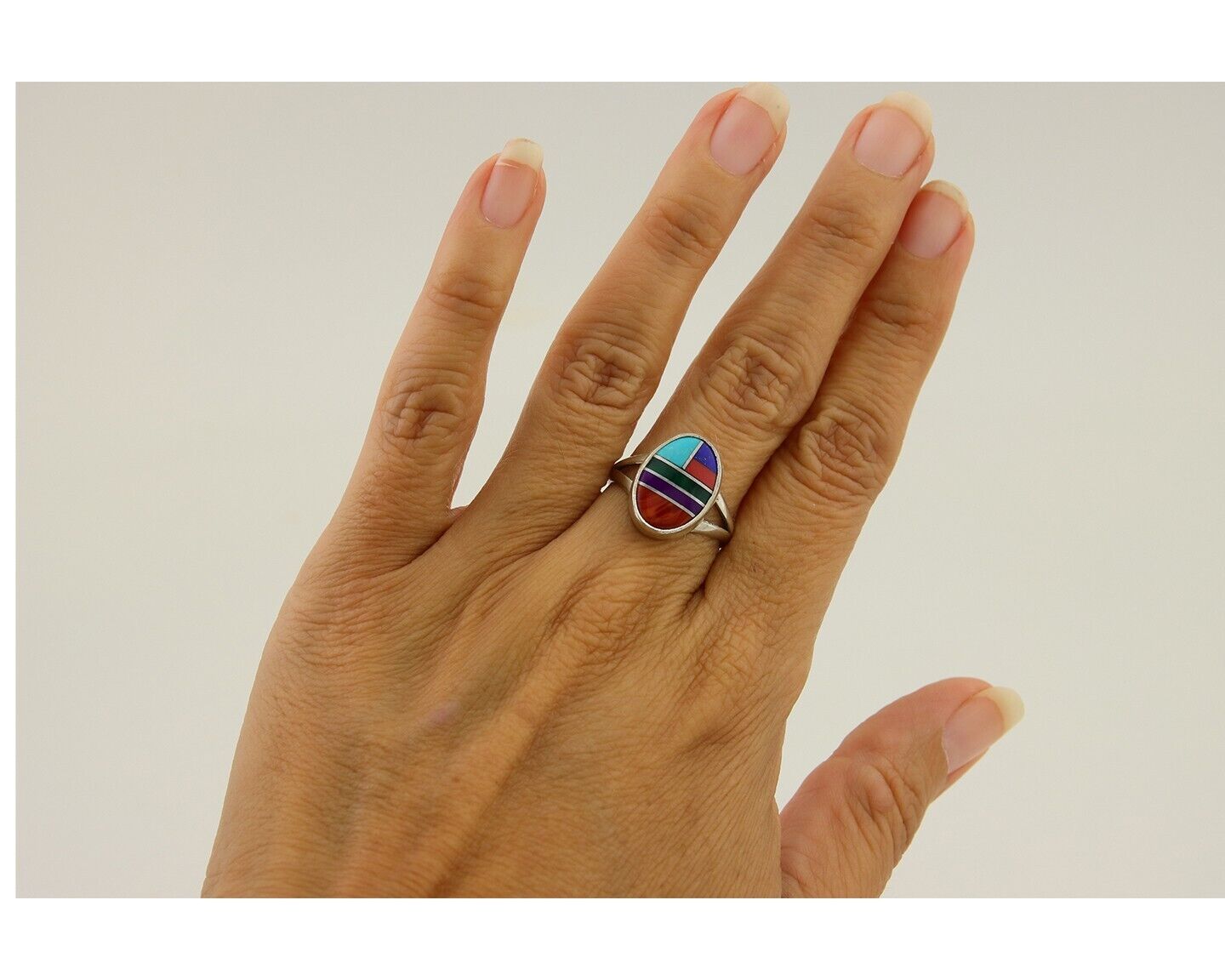 Navajo Ring 925 Sterling Silver Natural Gemstones Artist Signed Sunrise C.80's