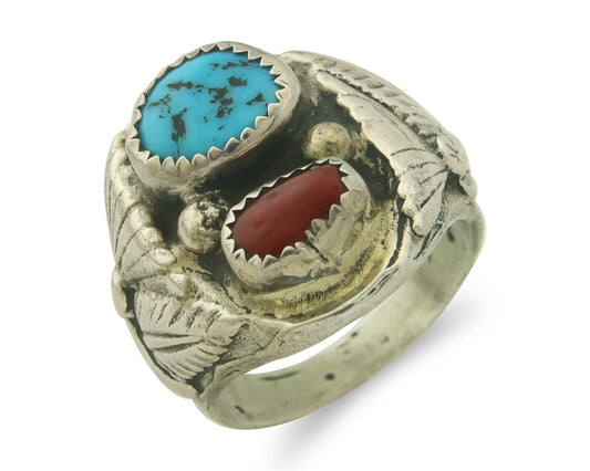 Men Vintage Navajo Ring 925 Sterling Turquoise & Coral Native Artist Size 10