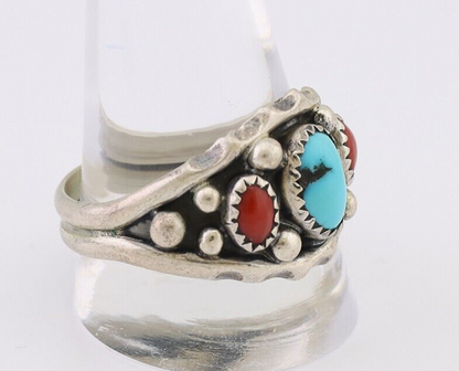 Navajo Ring 925 Silver Coral Turquoise Artist Signed Ella Cowboy C.80's