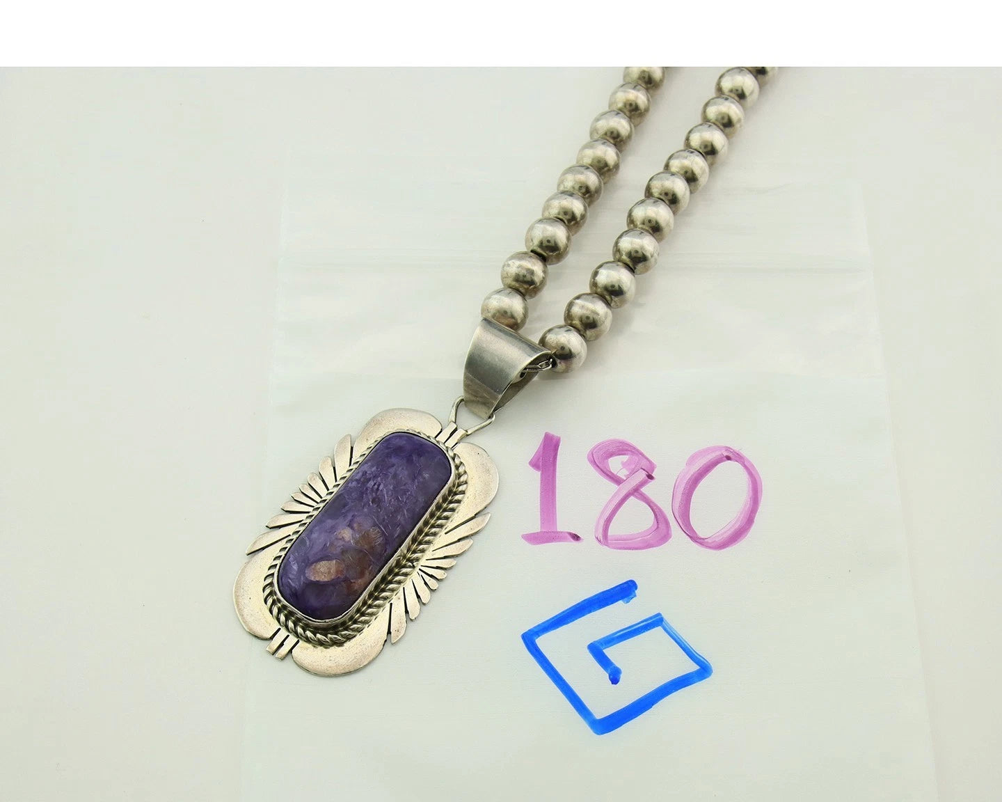 Navajo Bead Necklace 925 Sterling Silver Chaolite Vintage Signed Mark Yazzie