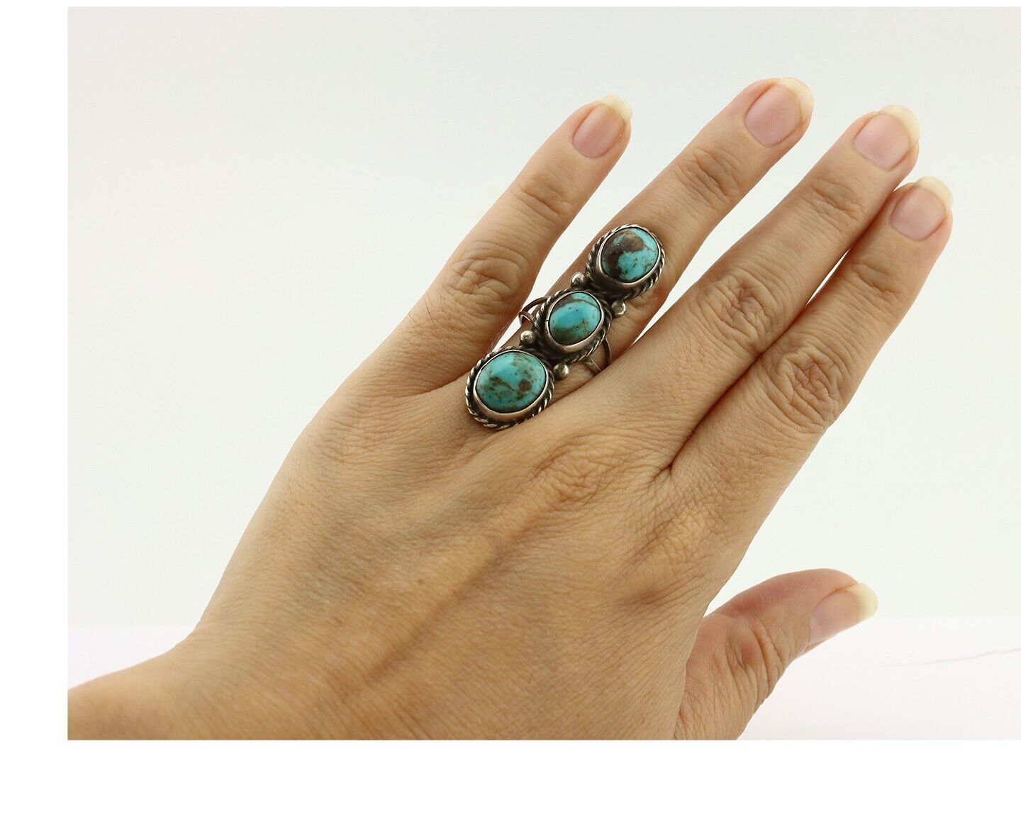 Navajo 3 Stone Ring 925 Silver Natural Kingman Turquoise Native Artist C.80's