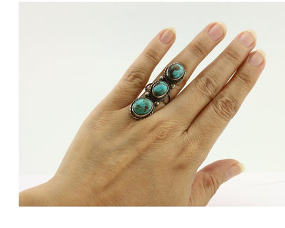 Navajo 3 Stone Ring 925 Silver Natural Kingman Turquoise Native Artist C.80's