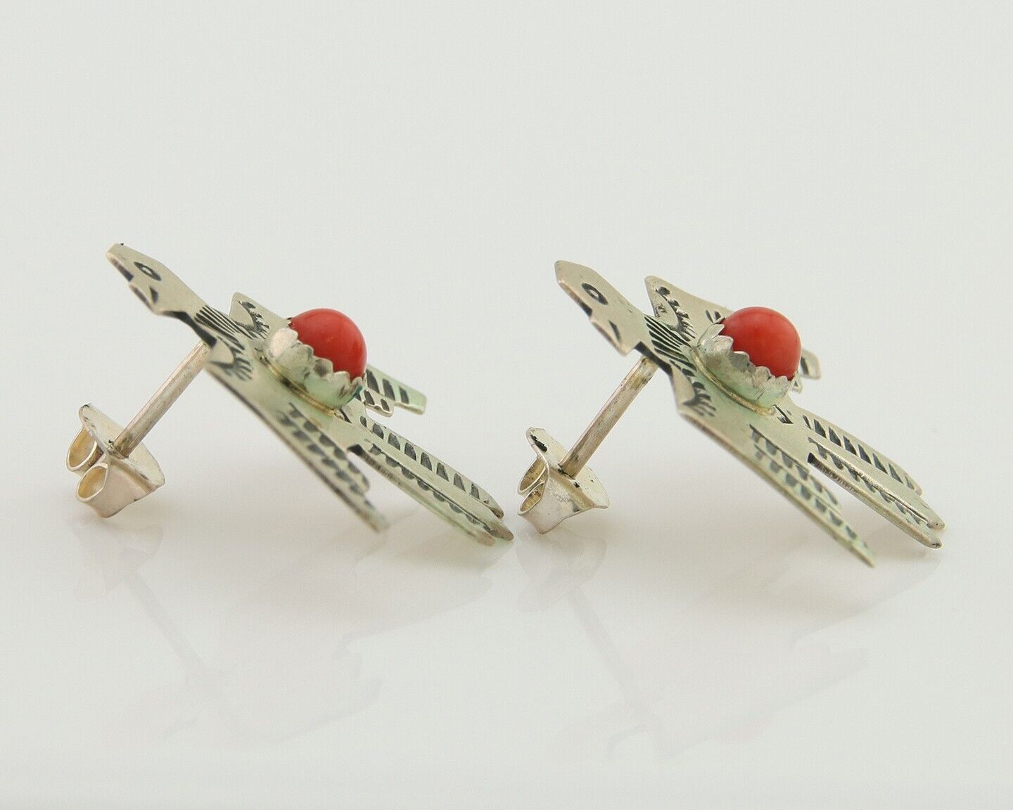 Navajo Thunderbird Earrings 925 Silver Natural Red Coral Native Artist C.80's