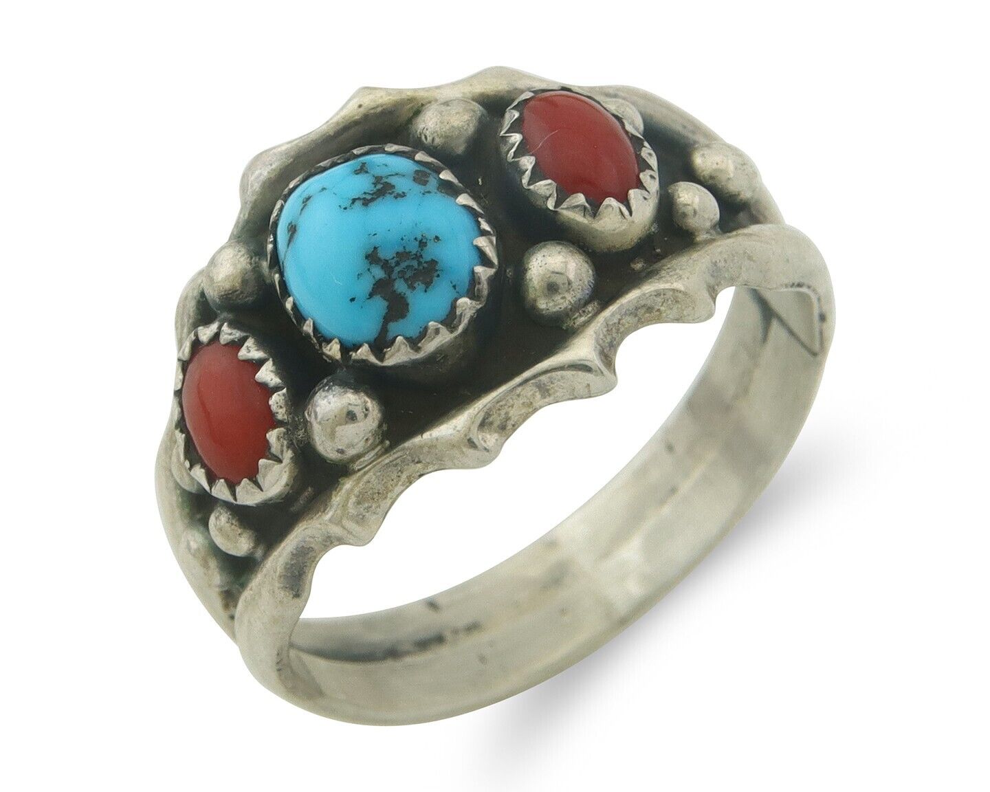 Men Navajo Ring 925 Sterling Natural Coral & Turquoise Signed SC C.80's Sz 11.75