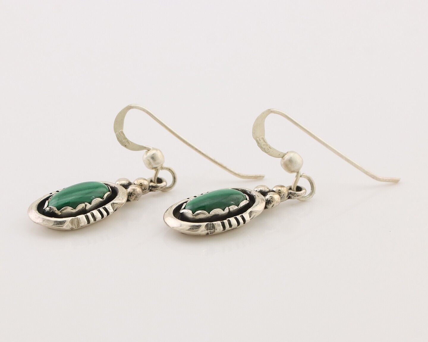 Navajo Dangle Earrings 925 Silver Natural Malachite Native American Artist C.80s