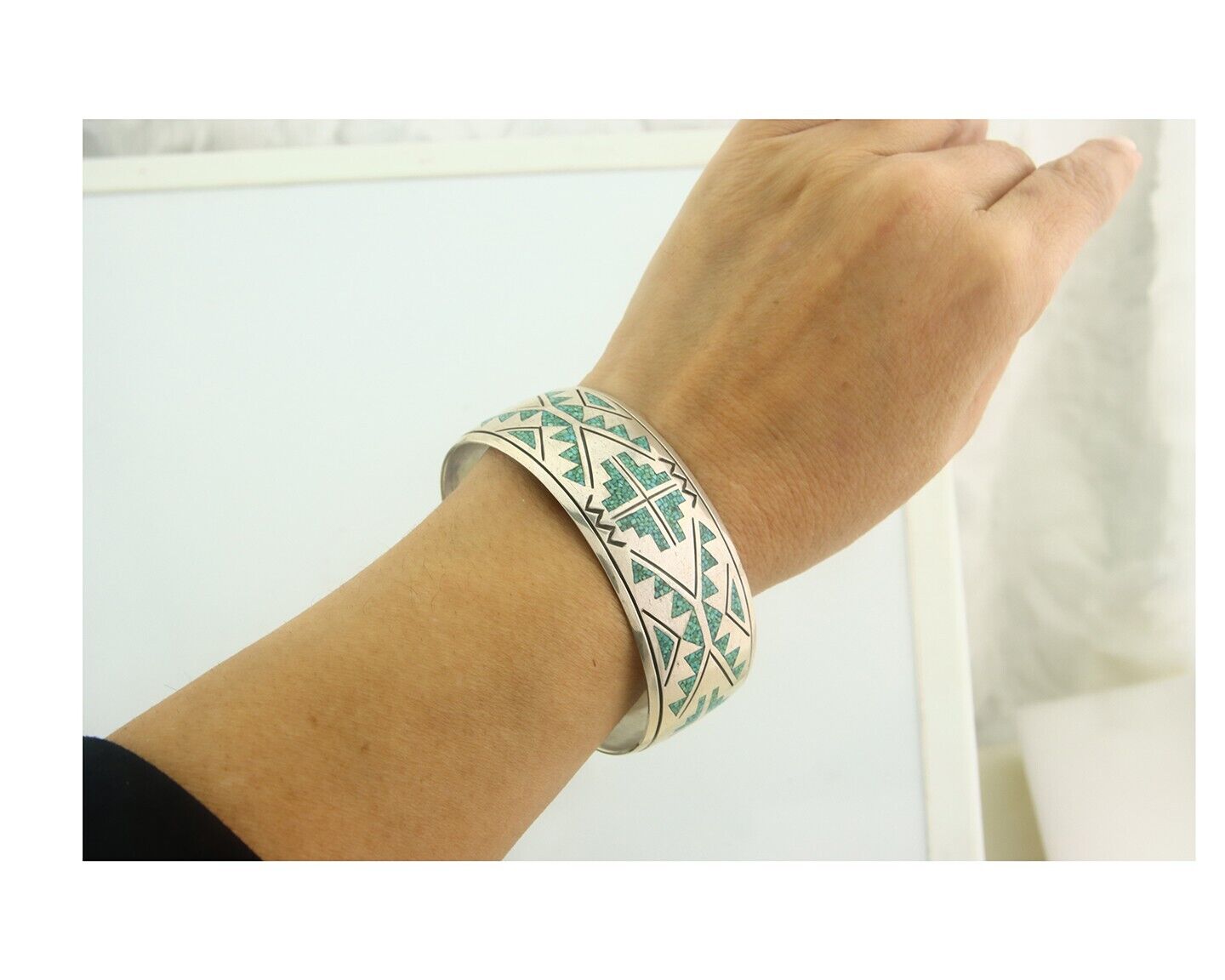 Navajo Bracelet 925 Silver Inlaid Turquoise Cuff Artist Signed Stanley Bain C80s