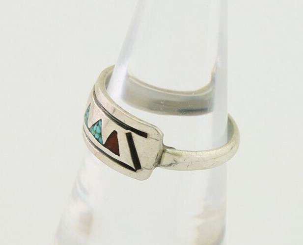 Navajo Handmade Ring 925 Silver Coral & Turquoise Signed SC C.80's
